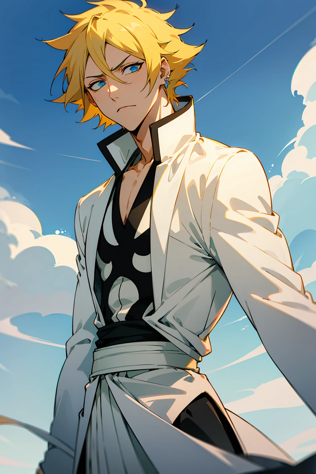 1male, Young Adult, Short Hair, YellowColored Hair, Black Highlights, Two Toned Hair, Sky Blue Eyes, Bleach, Hueco Mundo, Arrancar Clothing, Sunny, Muscular, White Coat, Detailed Eyes, Wavy Hair, Earring, Slicked Back Hair