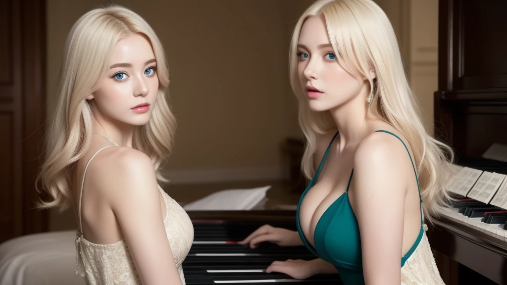 Playing the piano、A beautiful woman standing in a fantastic space, White and gold tight micro dress, 8K, {{masterpiece}}, highest quality, expensive quality:1.4), {{[[Front view}}, eye_Touch,Multiple photo poses)]], Very cute face, and very pretty eyes, Cute Images, Cute Images, {{Half Body}}, {{{{{{{{Long legs}}}}}}}}, {{{{Slim and sexy body}}}}, {{{{{{Tall and expensive woman}}}}}}, {{height: 177cm}}, alone, beautiful, Lovely, adorable, Pale skin, {{18〜22 year old German woman}}, look beautiful German girl and blue eyes or green eyes with platinum blonde hair color), Scandinavian German girl, {{{{{{{{{{Half Girl}}}}}}}}}}, {{{{{{{{{{expensive_all}}}}}}}}}},Large Breasts 、Cleavage