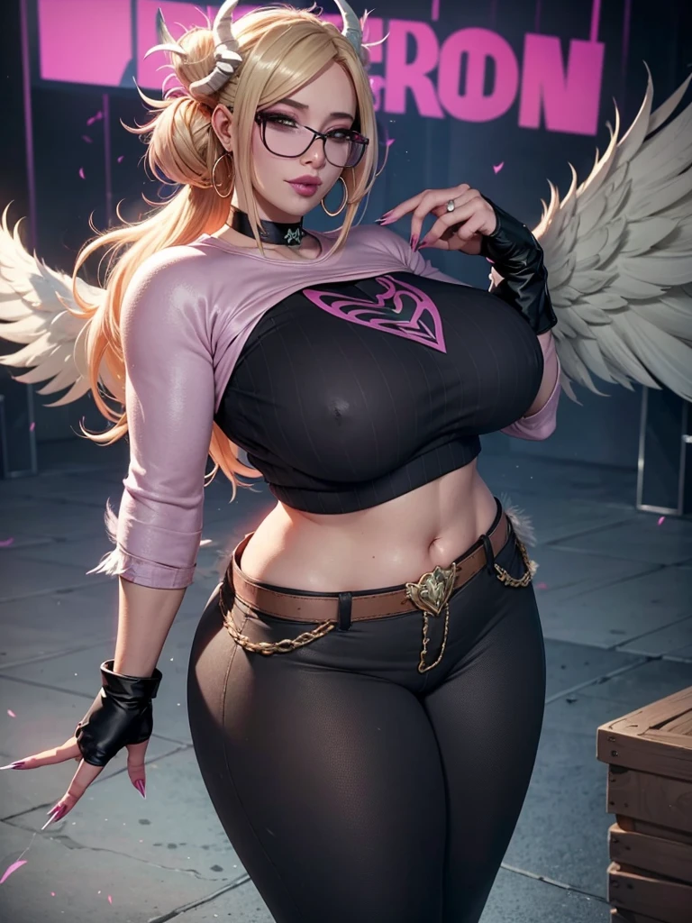 realisticlying，22yo girl，Blonde short、big body, sexy lingerie lace black ,perfect eyes, hair bunches、very very long hair, ultradetailed hair, body nylon sexy, Breasts enlarged、 big body, blonde, woman 1.90 CM,ponytail, ((hair over eyes)),perfect mouth, massive big bounce oppai, WET SKIN,                               (masterpiece, best quality:1.2), 1girl, solo, city background, haze \(fortnite\), Harpy Haze From fortnite, 1girl, earrings, glasses, hat, jewelry, lips, long hair, looking at viewer, makeup, nail polish, pink eyes, pink hair, pink nails, smile, sunglasses, tinted eyewear, belt, black pants, crop top, eyeshadow, midriff, navel, pants, choker, fingernails, round eyewear, sharp fingernails, standing, black feathers, black headwear, hoop earrings, horned headwear, horns, denim, winged arms, feather trim, star \(symbol\), elbow gloves, dark pink lips, feathers, heels, shoes, angel wings, bangle, black wings, crop top overhang, feathered wings, harpy, low wings, multicolored hair, multicolored wings, pink wings, wings, fingerless gloves, shirt, long fingernails, boater hat, bootcut pants, leather pants, sleeves, black sleeves,massive big bounce oppai,massive big bounce oppai,massive big bounce oppai,


