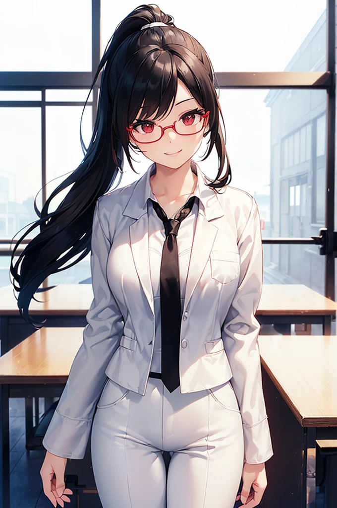 (masterpiece; best quality: 1.2), (finely detailed eyes: 1.3), ((25 year old woman)), ((solo)), (red eyes: 1.4), (body; gorgeous, lithe, femenine: 1.3), (black hair in low-ponytail: 1.3), (beautiful and clear background: 1.2), ((depth of field)), (equipment: white unbuttoned labcoat + black shirt + white tie + white pants + black square glasses: 1.3), (anime illustration: 1.2), (background composition; japanese highschool classroom + furniture: 1.1), (extremely fine and beautiful: 1.1), (shot composition; standing + centered on torso + close-up: 1.5), (expression; calm, smile: 1.2)