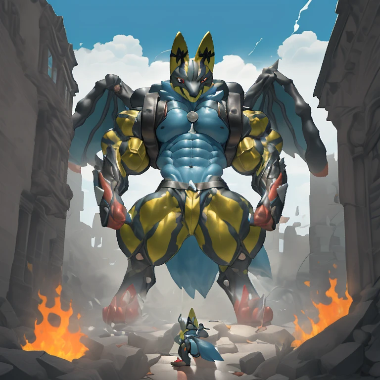 (Solo. masterpiece. official art. 8k. best quality. detailed full body. full body.)
(situation 1 : dominating Shiny_Mega_Lucario. Shiny_Mega_Lucario is over 1000 meters long. focus GIANT mechanical Muscular Shiny_Mega_Lucario is trampling the city. Looking down. macro. stomp. Low-angle perspective. emphasizing the immense size. He is much bigger than a skyscraper. Giga Giants. looking down. foot focus, (soles:1.2))
(situation 2 :smoke and flames rising from the destruction in the city)
(Additional details 1: wearing a full-face helmet. golden armor. high-tech bio-mecha armor. real texture material. whole body shines like metal. emphasizes the muscles. suit fully made of metal. intricate armor. Robotic suit. suit fully made of metal.).
(Additional details 2: (Detailed head. Detailed Body. Detailed abs. gigantic muscles. HYPER MUSCLES. Gigachad Muscular. big muscle. pecs. triceps. traps. unusually developed muscular body. body full of huge muscles. showing off muscles. pectorales enormes. Exaggeratedly huge muscles. huge muscles. long legs. abs.).
(Additional details 3: Spread wings. It has wings. have big wings. The claws are sharp. Sharp teeth.).
