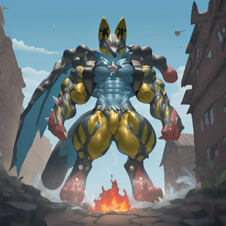 (Solo. masterpiece. official art. 8k. best quality. detailed full body. full body.)
(situation 1 : dominating Shiny_Mega_Lucario. Shiny_Mega_Lucario is over 1000 meters long. focus GIANT mechanical Muscular Shiny_Mega_Lucario is trampling the city. Looking down. macro. stomp. Low-angle perspective. emphasizing the immense size. He is much bigger than a skyscraper. Giga Giants. looking down. foot focus, (soles:1.2))
(situation 2 :smoke and flames rising from the destruction in the city)
(Additional details 1: wearing a full-face helmet. golden armor. high-tech bio-mecha armor. real texture material. whole body shines like metal. emphasizes the muscles. suit fully made of metal. intricate armor. Robotic suit. suit fully made of metal.).
(Additional details 2: (Detailed head. Detailed Body. Detailed abs. gigantic muscles. HYPER MUSCLES. Gigachad Muscular. big muscle. pecs. triceps. traps. unusually developed muscular body. body full of huge muscles. showing off muscles. pectorales enormes. Exaggeratedly huge muscles. huge muscles. long legs. abs.).
(Additional details 3: Spread wings. It has wings. have big wings. The claws are sharp. Sharp teeth.).