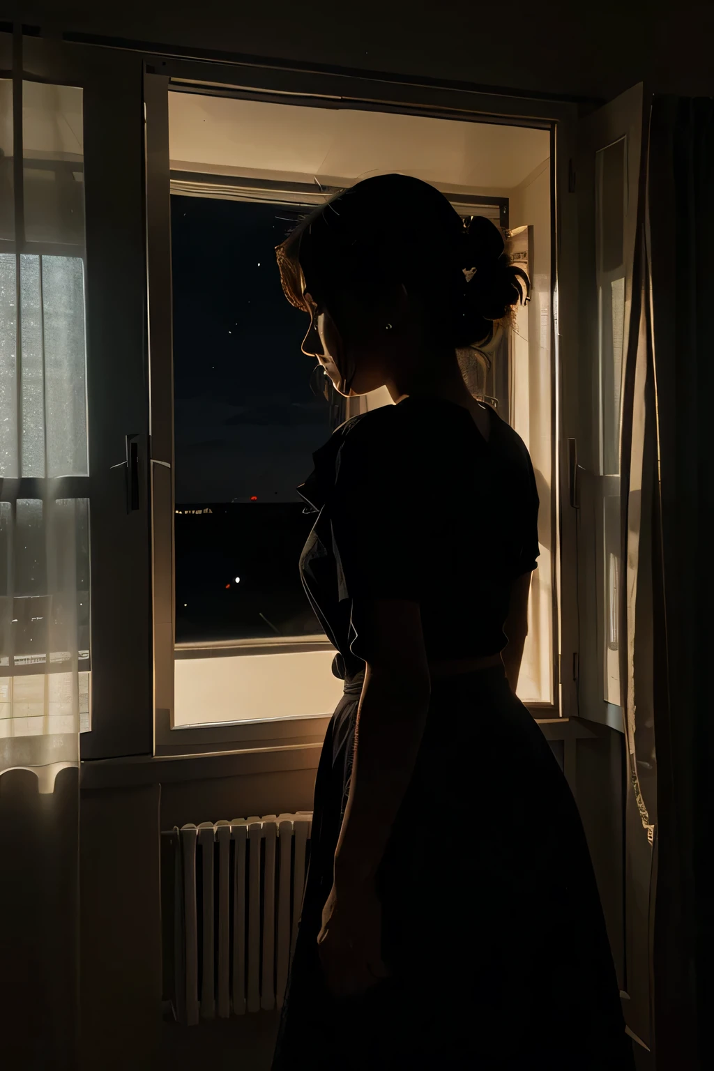 on a night the silhouette of a woman in front of a window where the curtains are raised by the breeze of the wind