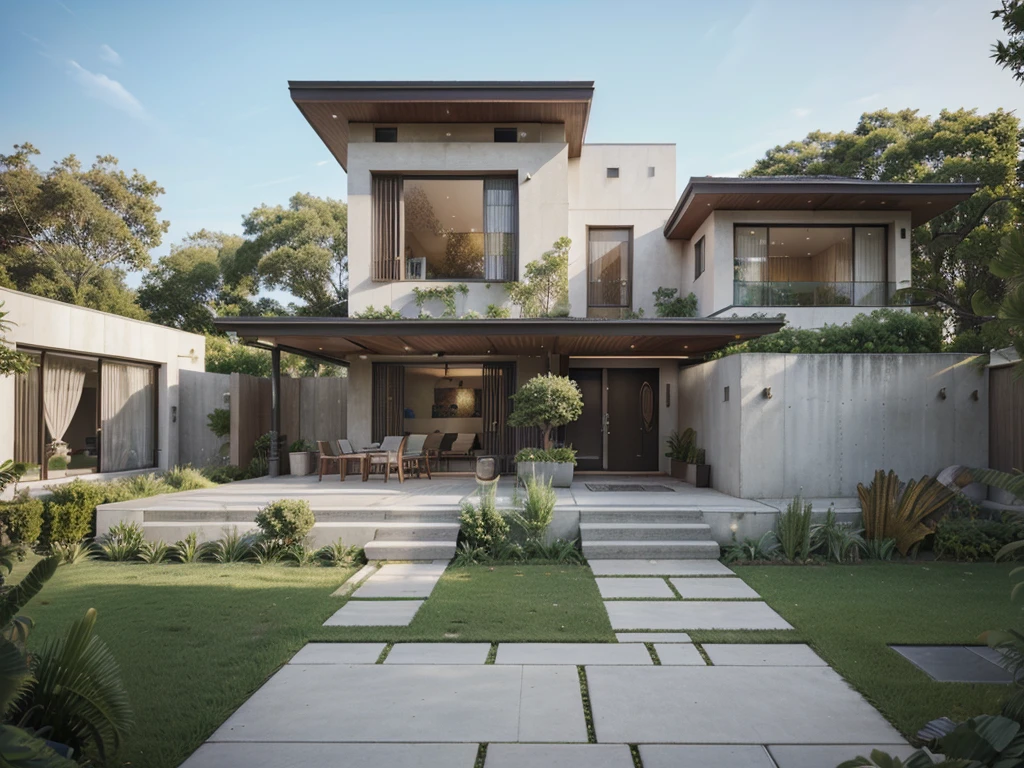 a rendering of a modern house with a large garden and a walkway, exterior design, high quality rendering, Lumion rendering, architectural visualization, contemporary house, beautiful rendering, Lumion render, architectural rendering, very realistic render, neotraditional modern, highly realistic unreal engine, concept house, beautifully detailed render, front view dramatic, residential design, super realistic render Vary, black color, a lot tree