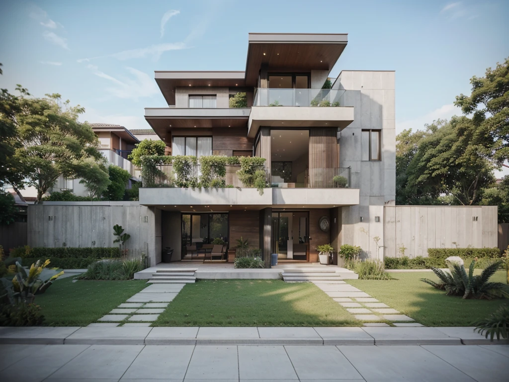 a rendering of a modern house with a large garden and a walkway, exterior design, high quality rendering, Lumion rendering, architectural visualization, contemporary house, beautiful rendering, Lumion render, architectural rendering, very realistic render, neotraditional modern, highly realistic unreal engine, concept house, beautifully detailed render, front view dramatic, residential design, super realistic render Vary, black color, a lot tree