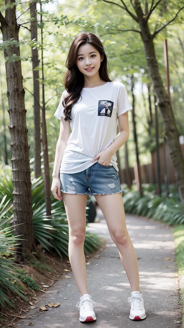 (Woman sitting on the grass holding her legs:1.3、Picnic in a sunny park:1.2)、(Realistic、Like a photograph、Live Action、8k, Realistic, RAW Photos, Best image quality: 1.4), Single-lens reflex camera、RAW Photos, Highest quality, Realistic, Very detailed CG Unity 8k wallpaper, Written boundary depth, Cinematic Light, Lens flare, Ray Tracing, Realistic background、(T-shirts:1.2、(Wear a skirt:1.5、Panty shot、Detailed panties))、((Ultra-dense skin))、、((whole body:1.5))，lunch time:1.1、smile、(short hair、Shortcuts:1.3)、I like that style、stylish、Very detailed、Pay attention to the details、Perfect outfit、(Sunburned skin)、Beautiful legs:1.1，Anatomically correct body、Accurate Fingers、Sitting