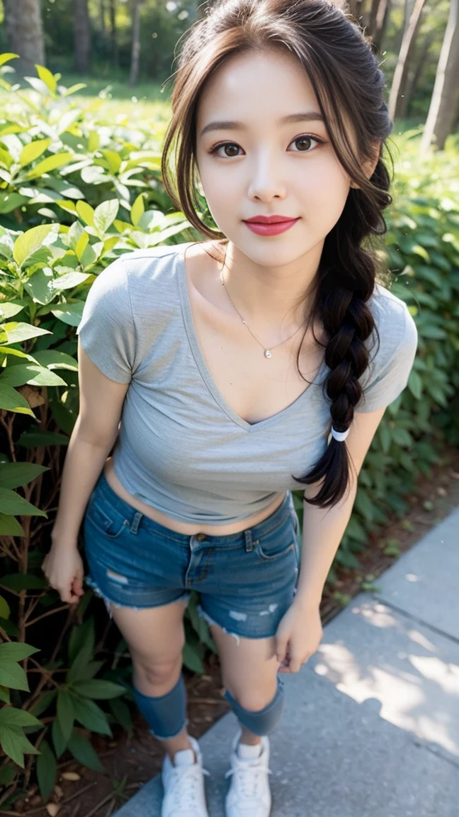 masterpiece, best quality, Surreal, Ultra Detailed, 8k resolution, RAW photos, Clear focus, (A girl in the forest), ((light gray shirt:1.1)), Short sleeve, sports Shorts,Full body posture, Solitary, Perfect body, Become a, Bangs to eyebrows、Beautiful brown hair、Beautiful and delicate eyes、Brown eyes、Raise an eyebrow、High Nose、Small nostril、Little mouth、Tempting lips、Mouth slightly open、Beautiful breasts、Full body、Oval face, Both eyes, Both eyes皮, Long eyebrows, Long eyelashes, A faint smile, 32 inches in the chest,(a charming smile:1), (sexy pose),(standing pose) ,26 years old, light,White shoes
