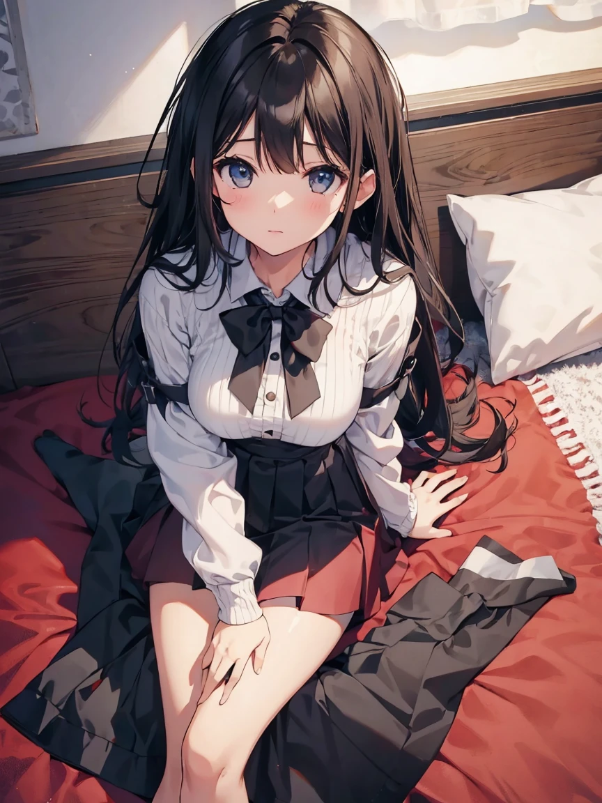 girl, (wariza:1.2), sit, skirt, On the bed, from above