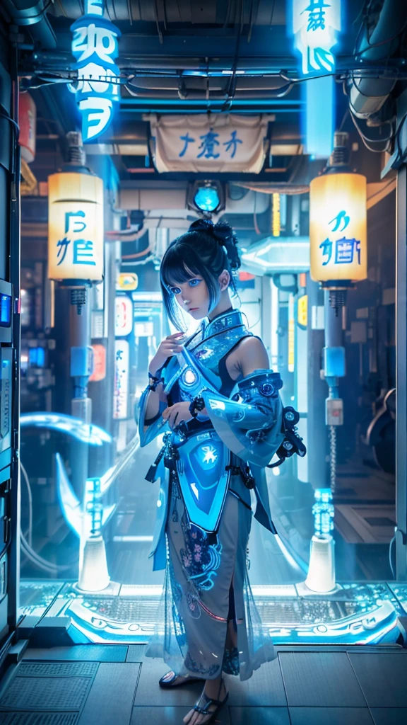 Ultra-detailed, master piece, best quality, high resolution,  detailed eyes, detailed face, (Neo Tokyo:1.5), (Cyberpunk:1.5), (Fusion with Machine:1.5), 12 years old, very pretty and beautiful, girl with mysterious atmosphere, ghost,  in appearance, graceful in traditional Japanese costume and design, (beautiful light blue eyes:1.5), (light blue plasma around her:1.5), bio-mechanical, traditional Japanese room with elegance, long black hair, bangs, face, hands, design and (light blue plasma surrounds), biomechanical, Japanese traditional noble Japanese room, long black hair, bangs, face, hands, designs and decorations are detailed and clearly drawn, ultra realistic and realistic image with super high resolution