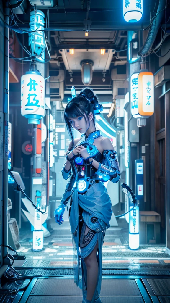 Ultra-detailed, master piece, best quality, high resolution,  detailed eyes, detailed face, (Neo Tokyo:1.5), (Cyberpunk:1.5), (Fusion with Machine:1.5), 12 years old, very pretty and beautiful, girl with mysterious atmosphere, ghost,  in appearance, graceful in traditional Japanese costume and design, (beautiful light blue eyes:1.5), (light blue plasma around her:1.5), bio-mechanical, traditional Japanese room with elegance, long black hair, bangs, face, hands, design and (light blue plasma surrounds), biomechanical, Japanese traditional noble Japanese room, long black hair, bangs, face, hands, designs and decorations are detailed and clearly drawn, ultra realistic and realistic image with super high resolution