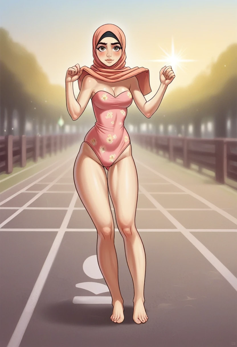 Transparent, ((SHORT HIJAB)), ((Gigantic tits:1.5)), (dynamic photograph of a 24 year old Indonesian woman), (slim top, cotton panties), (straight non curly hair), (highly detailed face:1.4), (background inside light, bright, private gym:1.1), (8k, uhd, dslr, high quality, cinematic lighting, bokeh), (dramatic, award winning photography, incredible masterpiece:1.3), (((sexy sultry stare at camera:0.8))), ((she is ready to dominate you:0.5)), ((beautiful feminine face)), add_detail:1, ((Colourful strapless floral pattern))nude,full body