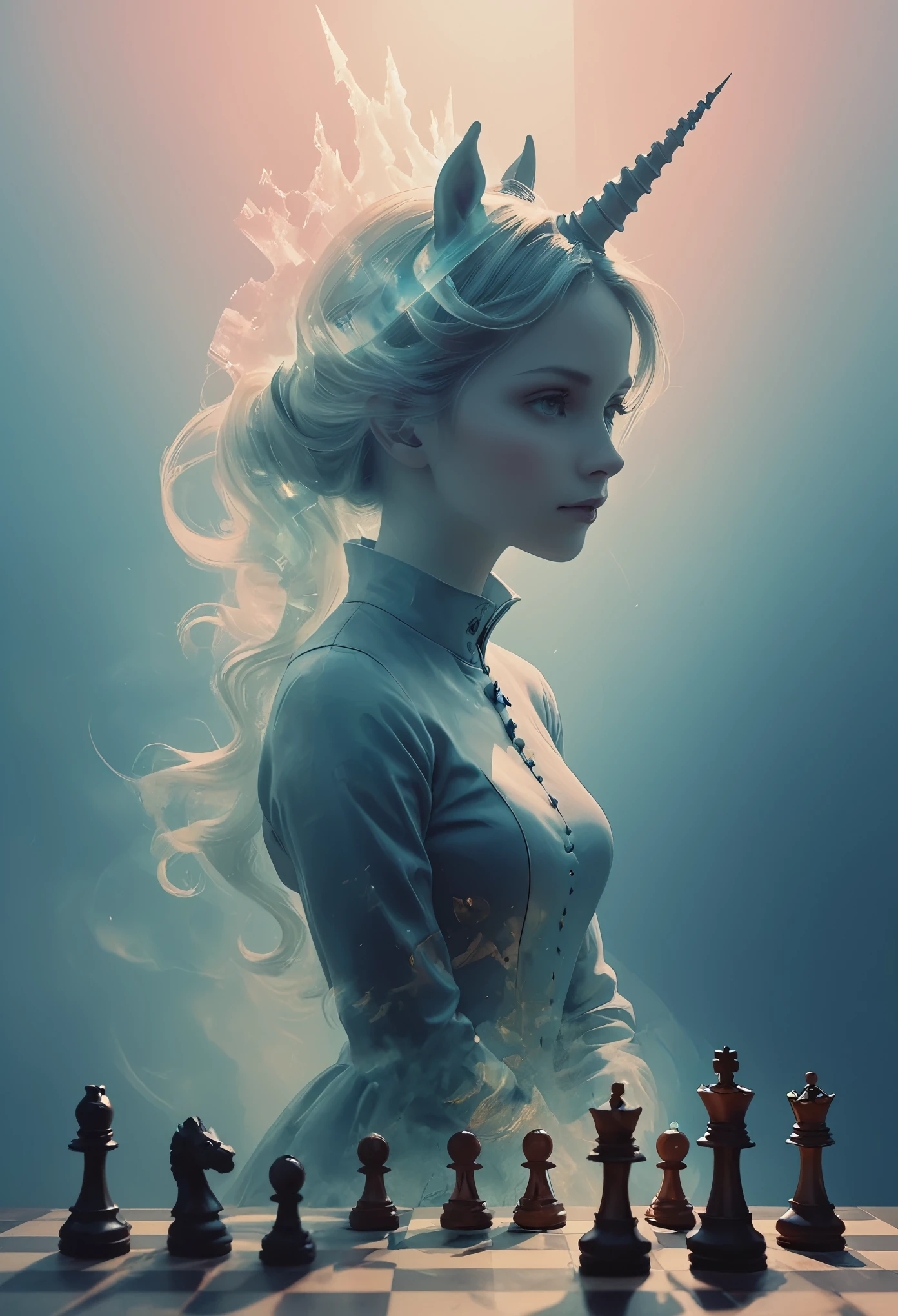 (in style of lvan Aivazovsky:1.4), (double exposure:1.8),1girl，独奏, queen \(chess\),,unicorn horn，metal spiral sharp corners,Diffuse gradient，Ultra-wide color gradation dispersion，