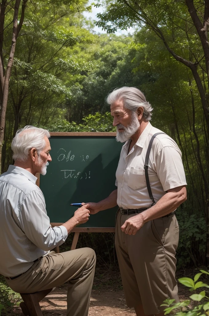 Gere an old man teaching a child in the woods, the old man is using a blackboard to teach, on the board it is written (Ceará) they are in the thicket, and the old man and the  have very very very very big heads