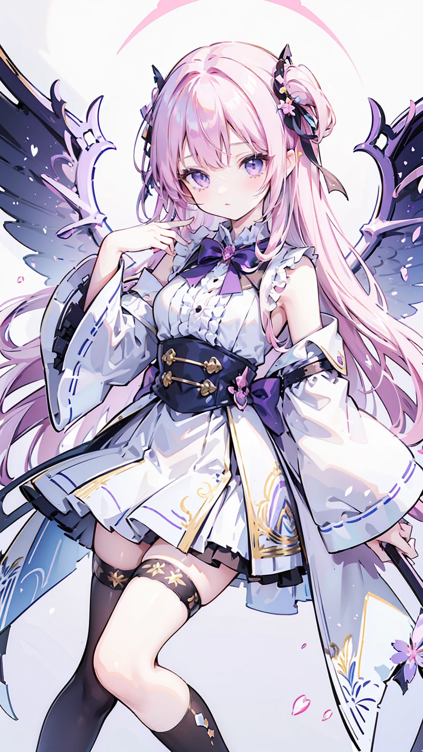 ( high quality , Super detailed, Watch your hands )This character is a beautifully designed anime-like character with delicate features. She has long, pastel pink hair that flows down to her ankles, with bangs swept to the side. Her eyes are large and expressive, with pink irises, which are commonly seen in anime-style characters. She is wearing a fantasy-inspired outfit that combines purple and black colors with gold accents. The outfit includes a form-fitting bodice with a high collar, frills, lace details, and thigh-high stockings with ribbon lacing. The character is adorned with ribbon-like accessories, such as a large bow in her hair and smaller bows on her outfit. She also has gold chains hanging from her waist and thigh. Her pose is playful, with one leg lifted slightly and a finger held to her lips, suggesting a secret or silence. Additionally, she has two elaborate wings, possibly mechanical or magical in nature, with multiple segments and a circular design near the base. The character is depicted in a vibrant scene with flowers matching her hair color, patches of grass, and a gemstone on the ground, creating a whimsical and otherworldly atmosphere.Chibi Character,Hands are hidden in sleeves