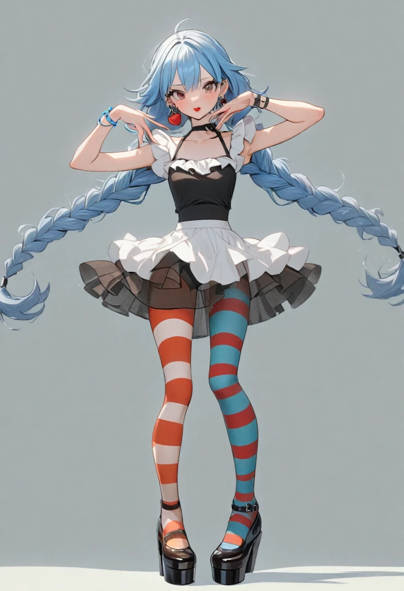1 Girl, Solitary, 短hair, underwear, simple_background, 情趣underwear, blue_hair, Apple element, permanent, full_Body, Cool, Pantyhose, earrings, shoe, Striped, Exposed_skirt, hair_OK, twin_Braids, double_OK, cosmetic, my own_hand_Together, Lipstick, , Striped_High Leg Raise, Swimsuit_Fashion, Red_Lips, Striped_Pantyhose、underwear
