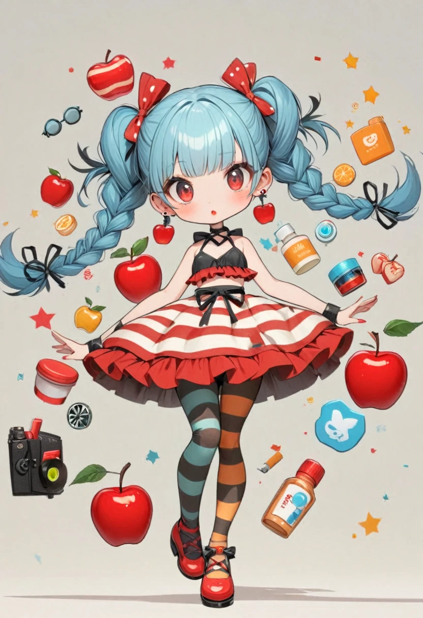 1 Girl, Solitary, 短hair, underwear, simple_background, 情趣underwear, blue_hair, Apple element, permanent, full_Body, Cool, Pantyhose, earrings, shoe, Striped, Exposed_skirt, hair_OK, twin_Braids, double_OK, cosmetic, my own_hand_Together, Lipstick, , Striped_High Leg Raise, Swimsuit_Fashion, Red_Lips, Striped_Pantyhose、underwear