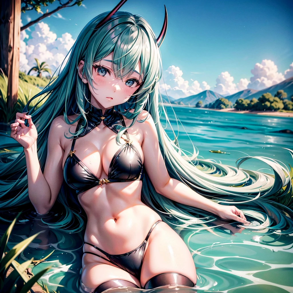 Miku Nakano lying on the grass on the banks of a lagoon watching the sky, in black underwear with gold edges, short soft gray hair, 2 large horns with details equal to BLOODY MOON from free fire, black eyes, provocative face.
soft lighting, slight mid-day blizzard.