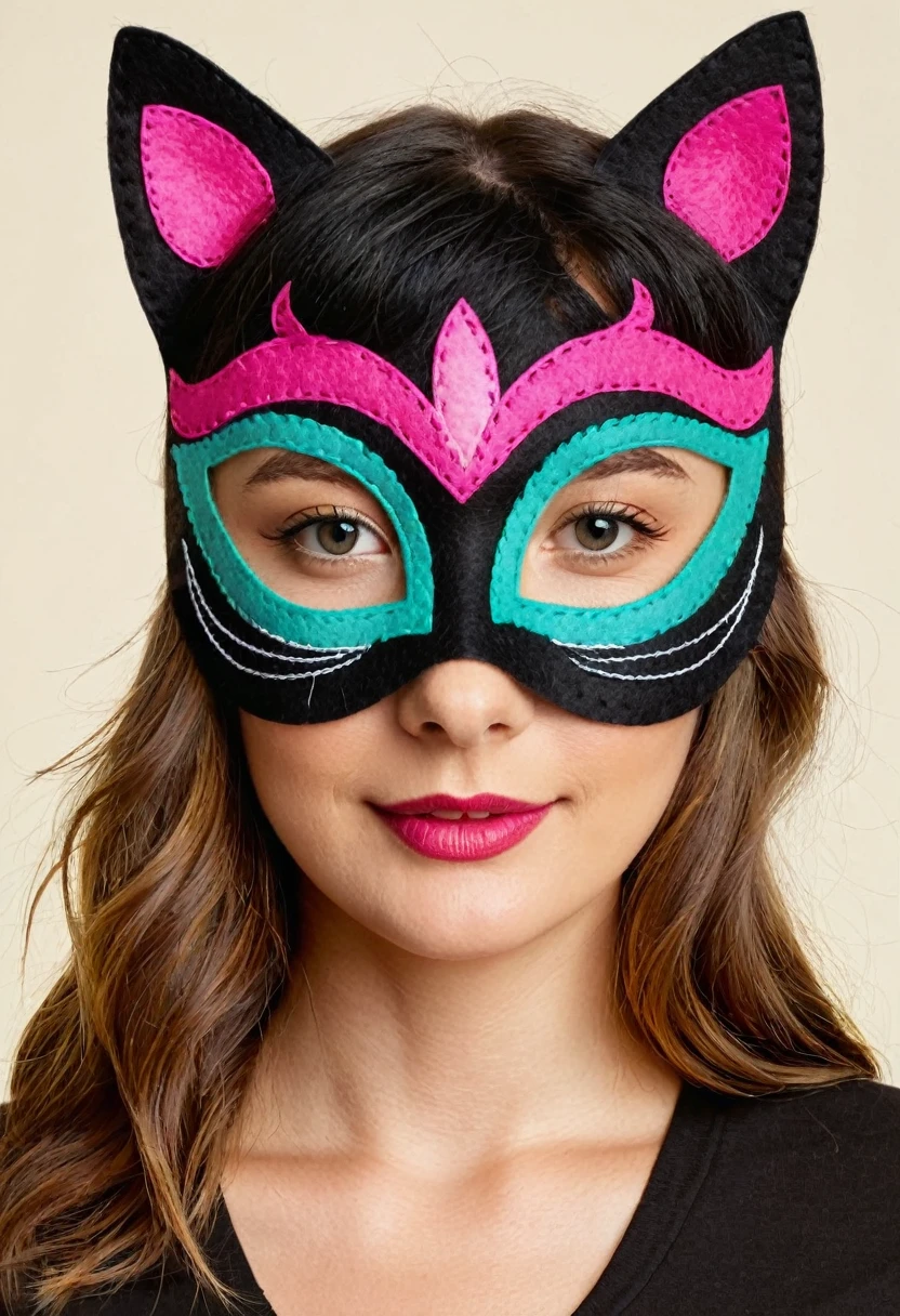 Colorful felt cat mask with embroidered whiskers