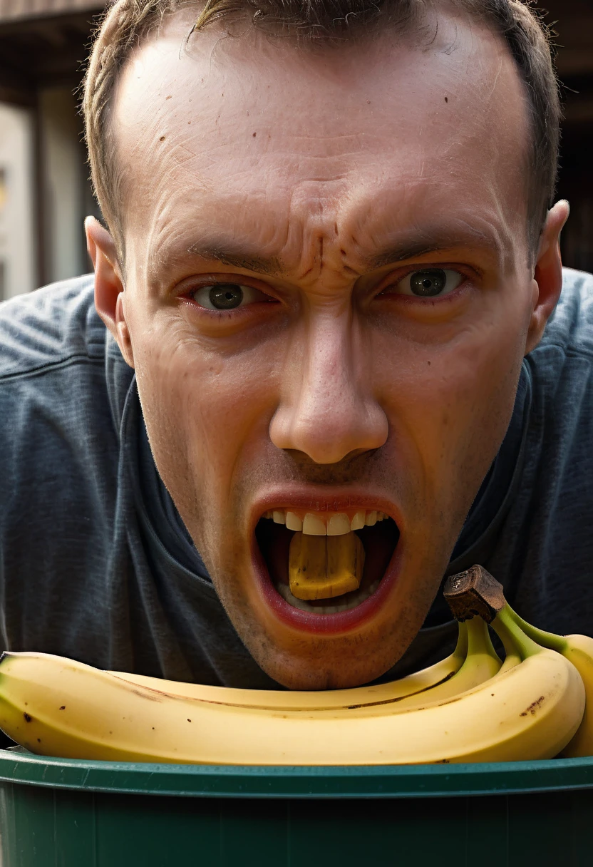 A stunning, hyper-realistic illustration of a man reacting with shock as he places a banana into a dustbin. The composition captures his half-body and facial expression in extreme close-up, using a fish-eye lens to emphasize the intricacy of his emotions. The background is a blend of digital painting and 3D rendering, featuring an urban landscape with dramatic lighting and volumetric effects. The image showcases a wide array of technical advancements, such as unreal engine, DOF, super-resolution, anti-aliasing methods, and tone mapping, resulting in ultra-photorealistic, ultra-detailed, and intricately rendered visuals.
