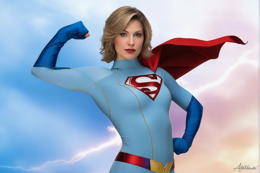  high quality Erotic shot  of 45 yo  Melissa Benoist  as Dc Supergirl , gracefull pose, gracefull woman, seductive smile , bound hairstyle , long hair, fancy hair,  strong body, in action,  incredibly sexualized woman, action pose, full body photograph , broad shoulders , muscular toned  figure,  ultra shiny sweaty skin texture ,woman ,female  , angry expression  ,  random angle  , random  move, stunning hot woman , muscular toned body , (( insanely detailed skin texture , perfect body parts, extremely detailed features, detailed face , perfect body  parts ))