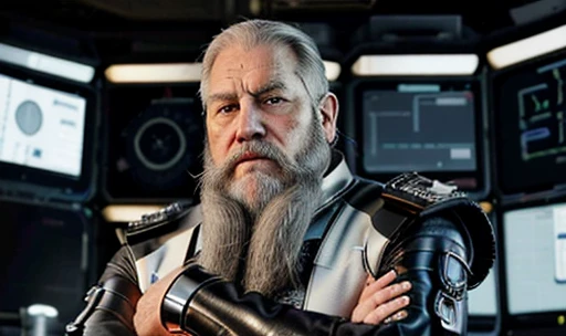 He is looking at his mechanical palm, He observes his own bionic hand, The space general aged 65 has long gray beard and long beard, wears a futuristic uniform, he is fat bearded, long sleeve uniform , wearing leather gloves on your hands, he has his arms crossed seriously, speaking to the viewer, He wears a white general&#39;s hat on his head. He wears a general&#39;s hat.((He is very chubby and has a white Speedo, in a huge swimming room he wears no clothes, ))), Inside the spacecraft. Full body photography Full body photography ))), Inside the spacecraft.