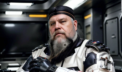 He is looking at his mechanical palm, He observes his own bionic hand, The space general aged 65 has long gray beard and long beard, wears a futuristic uniform, he is fat bearded, long sleeve uniform , wearing leather gloves on your hands, he has his arms crossed seriously, speaking to the viewer, He wears a white general&#39;s hat on his head. He wears a general&#39;s hat.((He is very chubby and has a white Speedo, in a huge swimming room he wears no clothes, ))), Inside the spacecraft. Full body photography Full body photography ))), Inside the spacecraft.