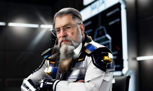 He is looking at his mechanical palm, He observes his own bionic hand, The space general aged 65 has long gray beard and long beard, wears a futuristic uniform, he is fat bearded, long sleeve uniform , wearing leather gloves on your hands, he has his arms crossed seriously, speaking to the viewer, He wears a white general&#39;s hat on his head. He wears a general&#39;s hat.((He is very chubby and has a white Speedo, in a huge swimming room he wears no clothes, ))), Inside the spacecraft. Full body photography Full body photography ))), Inside the spacecraft.