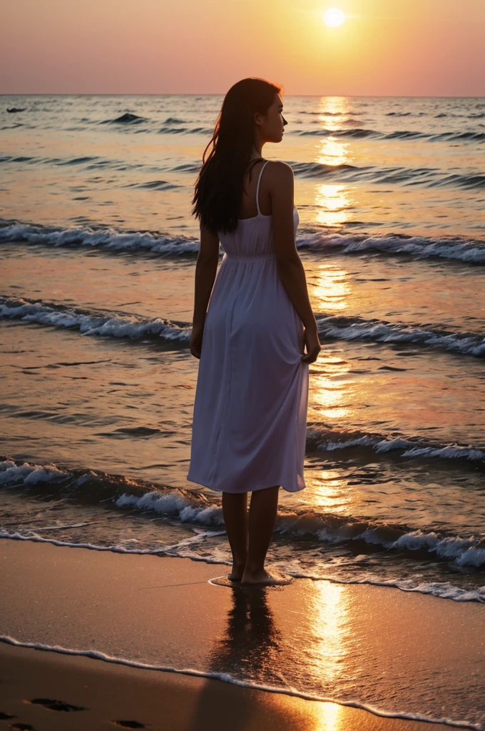 young woman,, Standing in the sea, looking at the sunset