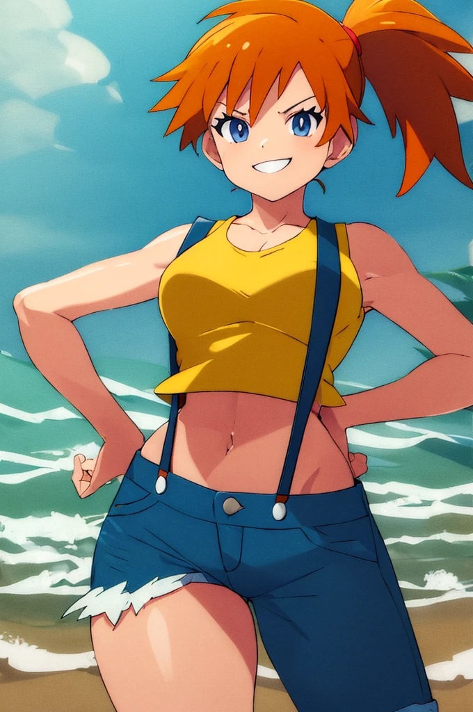 ((masterpiece,best quality)), absurdres, Misty_Pokemon, yellow crop top, suspenders, side ponytail, orange hair, denim shorts, solo, smiling, looking at viewer, cowboy shot, cinematic composition, contrapposto, tropical beach,