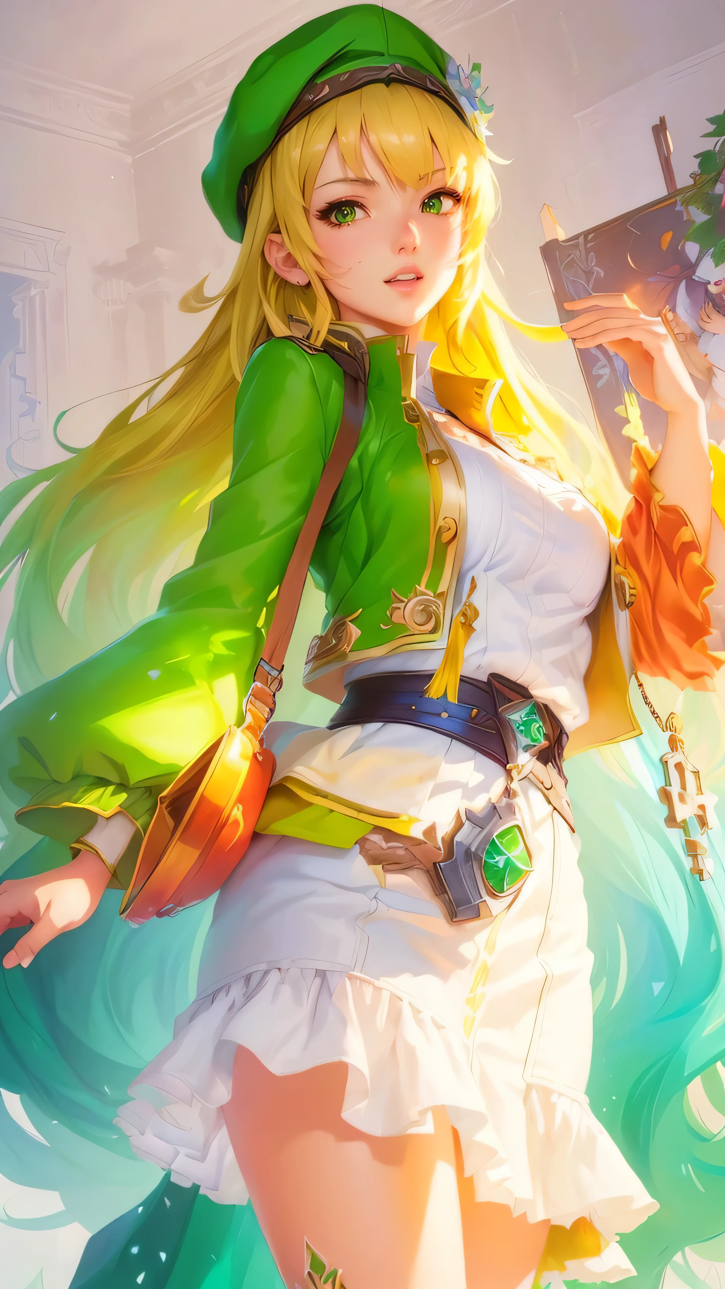 (Realistic painting style:0.9), ( painting style:0.9), masterpiece, (best quality), absurdres, looking at viewer, no pupils, (detailed eyes), alternate costume, 1girl, upper body, anime girl with a green hat and a green jacket, cushart krenz key art feminine, artgerm colorful!!!, detailed key anime art, splash art anime , vanillaware artwork, art style of rune factory 5, style artgerm, extremely detailed artgerm, sakimichan frank franzzeta,