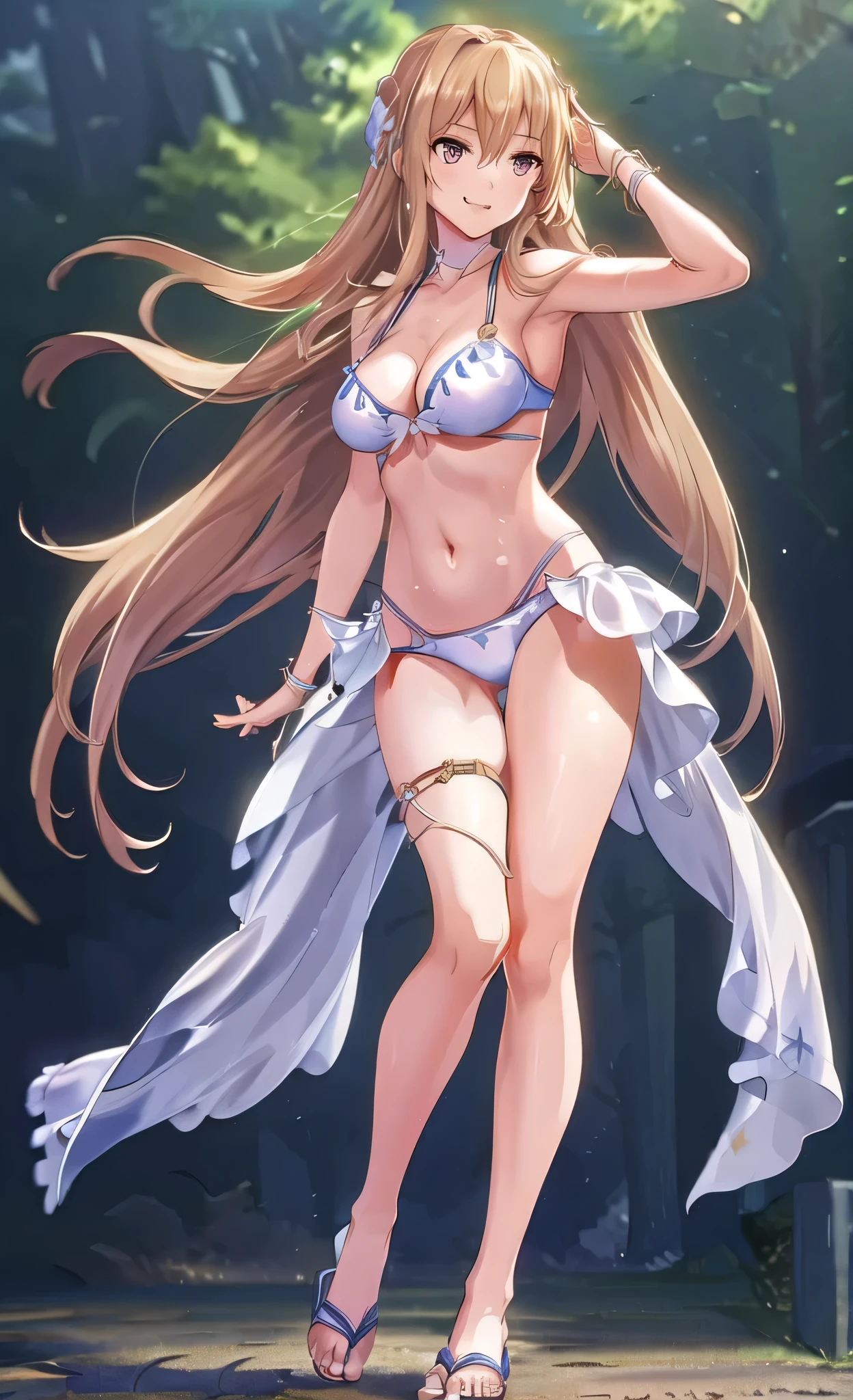 ((masterpiece))、(((Highest quality)))、((Super detailed))、((An illustration))、Attention to detail、Highly detailed CG Unity 8k、High resolution、Beautiful Attention to detail、Attention to detail、Beautiful Attention to detail,Anime Artwork Highly Detailed CG Unity 8K Wallpaper, Realistic, Swimwear, Long Hair, chest, (((White bikini with a flashy pattern))), alone, belly button, Day, Outdoor, Chest cleavage, White bikini with a flashy pattern, bionde, smile, zero, blue zero, very Long Hair, cloud, medium chest, side-tie bikini bottom, Blurred, clavicle, ribbon, Close your mouth, Blurred background, Thigh Gap, thigh ribbon, halter neck, Are standing, jewelry, bangs, Stomach, Thigh straps, Floating Hair, Bare shoulders ,(((flip flops))),(((Brush your hair up))),(((Beautiful feminine fingers))),(((Accurate 5-finger))),