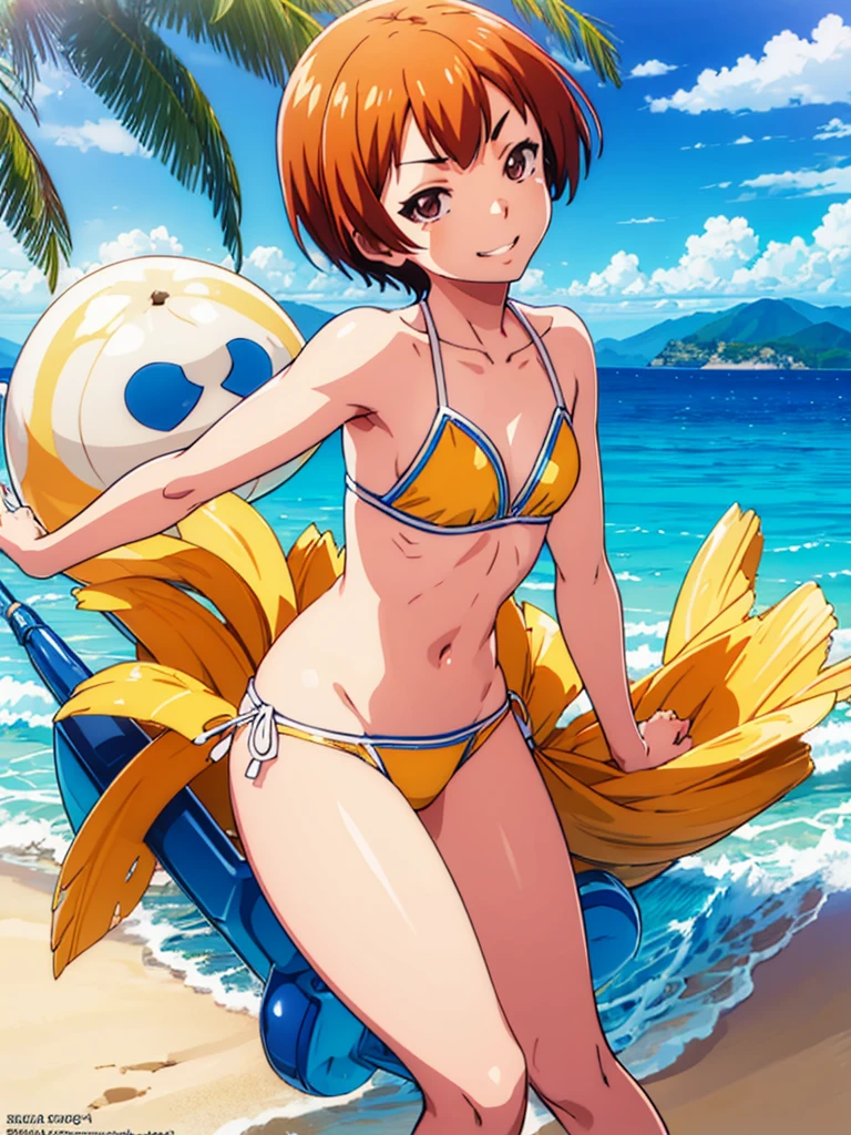 Beach background, sunny weather, sea,aina yoshiwara,glossy skin, oily skin, short hair, tilt eyebrows, smiling, leaning forward, looking_at_viewer, small ,bikini, masterpiece, ultra-detailed, anime illustration, highres, solo,perfect anatomy, perfect proportions, perfect hands,