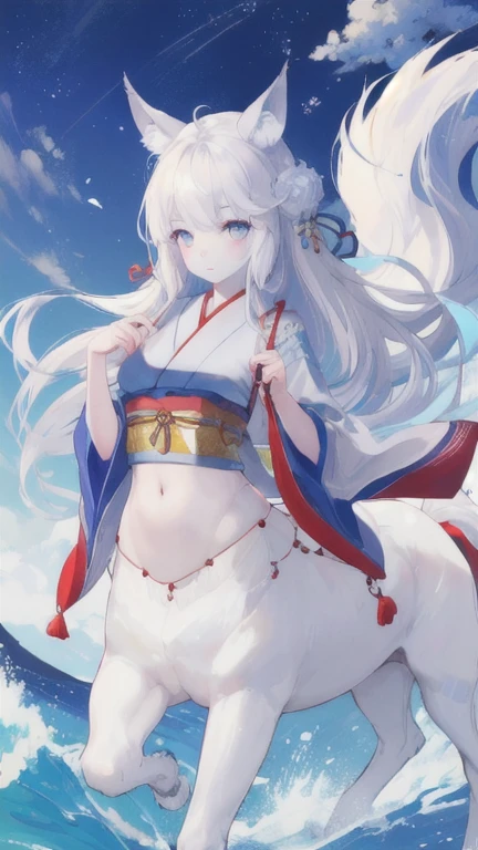 (best quality, masterpiece), 1 girl, centaur, It takes, White skin, Japanese  , exposing the abdomen,belly button t-shirt, beautiful girl perfect wolf photo, perfect wolf photo