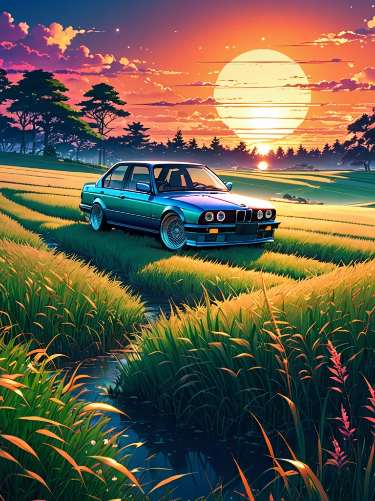 anime landscape of A pearl super space laser redclassic 1993 BMW E30 318i sport sits in a field of tall grass with a sunset in the background.beautiful anime scene, beautiful anime peace scene, Makoto Shinkai Cyril Rolando, beautiful anime scene, amazing wallpaper, anime art wallpaper 8k, anime background, artistic anime background, anime wallpaper 4k, anime art 4k wallpaper, anime wallpaper art 4k,