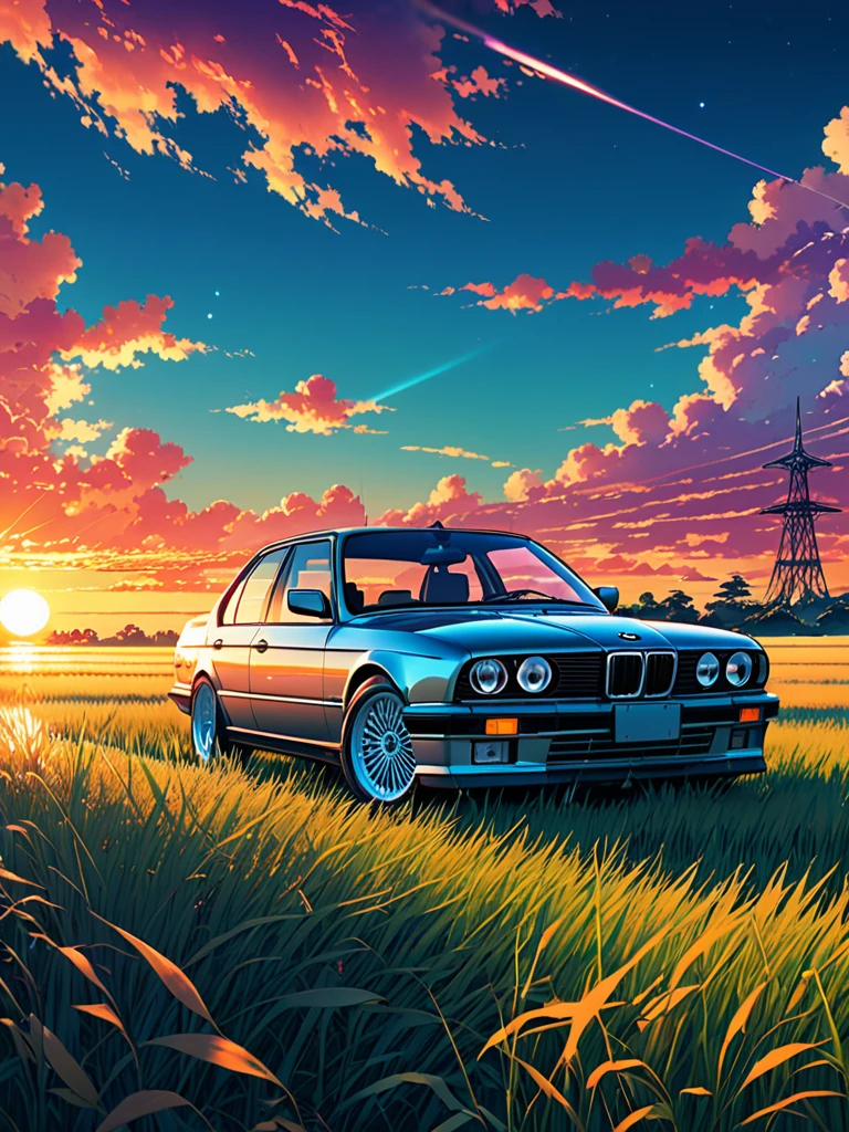 anime landscape of A pearl super space laser redclassic 1993 BMW E30 318i sport sits in a field of tall grass with a sunset in the background.beautiful anime scene, beautiful anime peace scene, Makoto Shinkai Cyril Rolando, beautiful anime scene, amazing wallpaper, anime art wallpaper 8k, anime background, artistic anime background, anime wallpaper 4k, anime art 4k wallpaper, anime wallpaper art 4k,