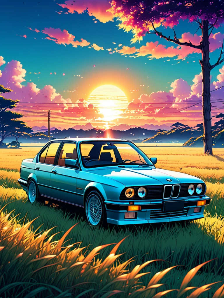 anime landscape of A pearl super space laser redclassic 1993 BMW E30 318i sport sits in a field of tall grass with a sunset in the background.beautiful anime scene, beautiful anime peace scene, Makoto Shinkai Cyril Rolando, beautiful anime scene, amazing wallpaper, anime art wallpaper 8k, anime background, artistic anime background, anime wallpaper 4k, anime art 4k wallpaper, anime wallpaper art 4k,