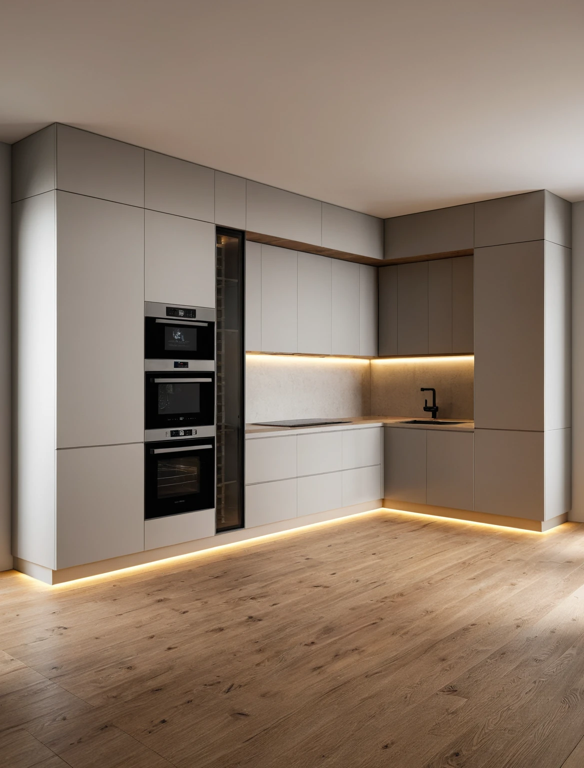 Raw photo,Masterpiece, high quality, best quality, authentic, super detail, interior , sunset, daylight, Kitchen Cabinets style modern, Induction cooker, sink, faucet, oven, built-in microwave, wooden floor, hood, wine cabinet,