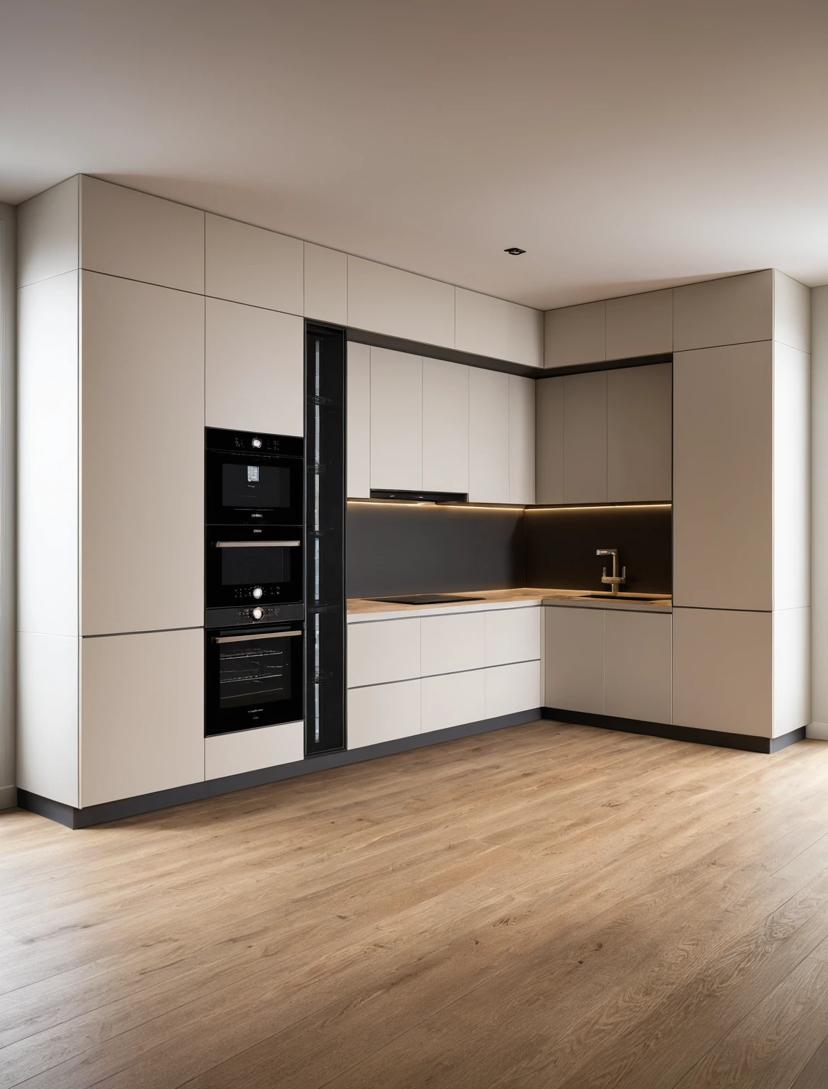 Raw photo,Masterpiece, high quality, best quality, authentic, super detail, interior , sunset, daylight, Kitchen Cabinets style modern, Induction cooker, sink, faucet, oven, built-in microwave, wooden floor, hood, wine cabinet,