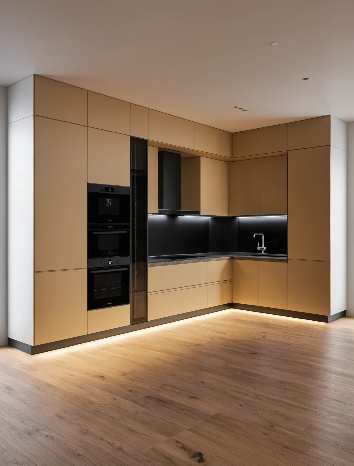 Raw photo,Masterpiece, high quality, best quality, authentic, super detail, interior , sunset, daylight, Kitchen Cabinets style modern, Induction cooker, sink, faucet, oven, built-in microwave, wooden floor, hood, wine cabinet,