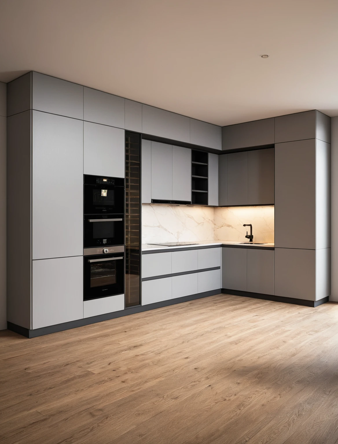 Raw photo,Masterpiece, high quality, best quality, authentic, super detail, interior , sunset, daylight, Kitchen Cabinets style modern, Induction cooker, sink, faucet, oven, built-in microwave, wooden floor, hood, wine cabinet,