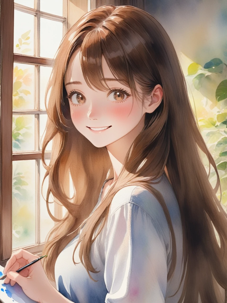 アニメのwoman、Long Hair、Brown Hair、Looking at me and smiling、work、adult、woman、refreshing、、vivid、Lively、A very detailed watercolor painting、The soft light is hitting my face、adultのwoman、indoor、Window、Straight Hair、Slim figure、黒いスーツの中に白いワイシャツを着ているadultのwoman、