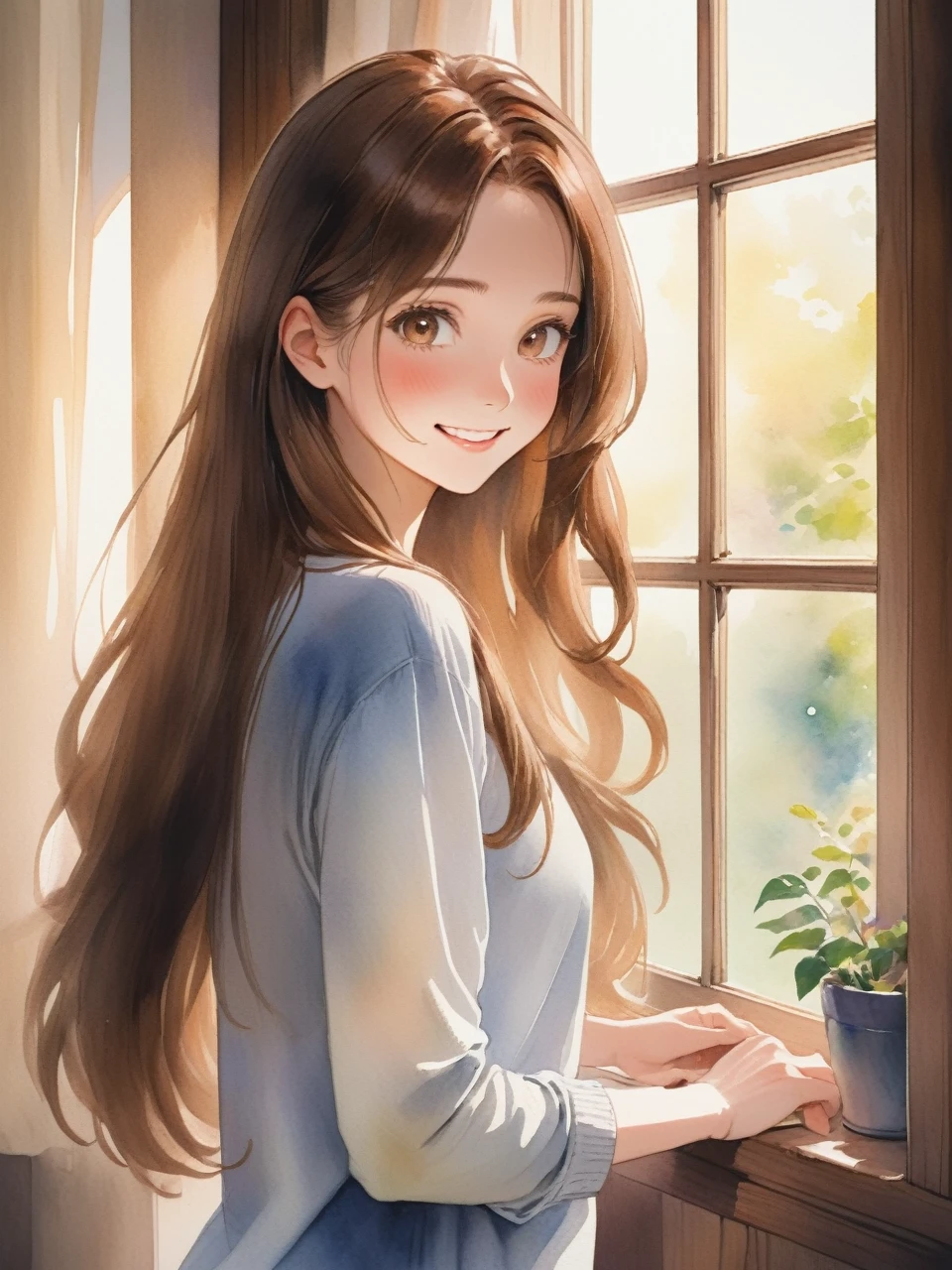 アニメのwoman、Long Hair、Brown Hair、Looking at me and smiling、work、adult、woman、refreshing、、vivid、Lively、A very detailed watercolor painting、The soft light is hitting my face、adultのwoman、indoor、Window、Straight Hair、Slim figure、黒いスーツの中に白いワイシャツを着ているadultのwoman、