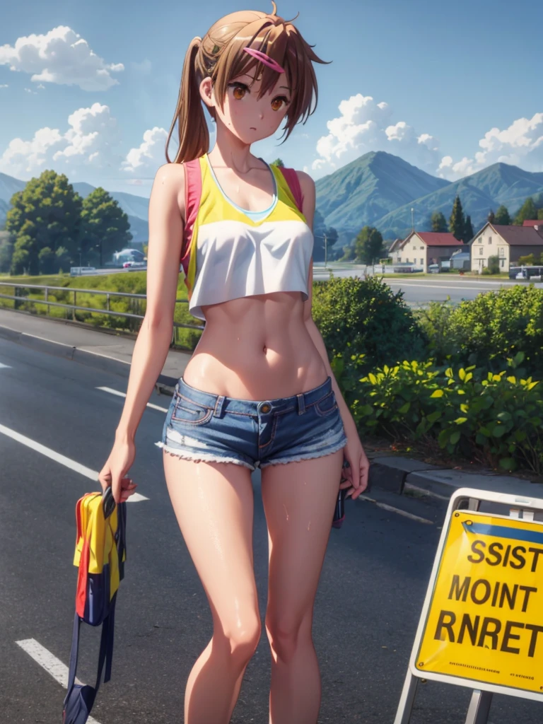 Girl, short blue jeans short, safety Reflective vest on a naked body , You can see her breasts, Road works  background , openlegs, Bare chest, small breast, slim body, slim legs, wet body, Sneakers 