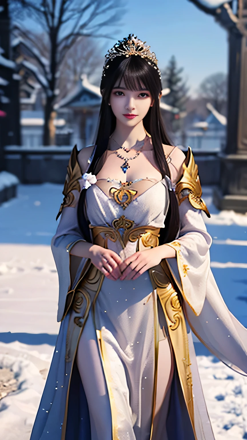 There was a woman in a golden dress,Wearing a necklace,((a beautiful fantasy empress).inspired by Sim Sa-jeong,Azure.detailed hairs,winter snow falling princess,LCE Princess,Guvez-Steville artwork,8K)),fantasy aesthetic!.Guviz,Ice Queen,8k high-quality detailed art.