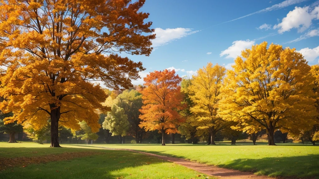 Autumn weather, trees, open field (spacious and natural place, open-air nature, with autumn weather), distant trees. Animation style, 2D anime scenery, in high definition.