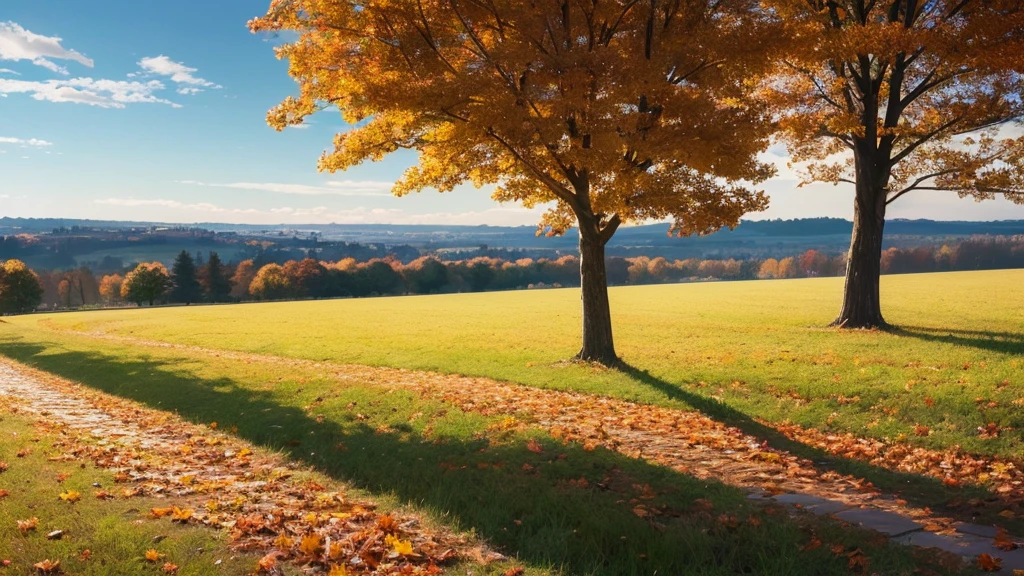Autumn weather, trees, open field (spacious and natural place, open-air nature, with autumn weather), distant trees. Animation style, 2D anime scenery, in high definition.
