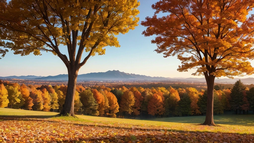 Autumn weather, trees, open field (spacious and natural place, open-air nature, with autumn weather), distant trees. Animation style, 2D anime scenery, in high definition.