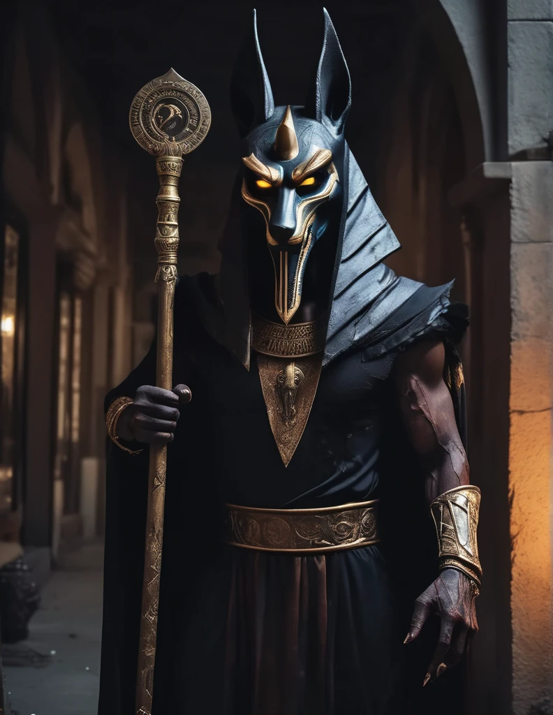 a man dressed as realistic zumbi Anubis halloween costume design, intimidating scary psychopathic man, anubis mask, dark energy, black costume, holding a staff, full body highly detailed, cinematic lighting, dramatic atmosphere party entrance, photorealistic, 8K, masterpiece