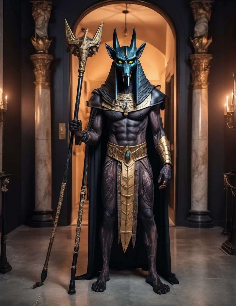 a man dressed as realistic zumbi Anubis halloween costume design, intimidating scary psychopathic man, anubis mask, dark energy, black costume, holding a staff, full body highly detailed, cinematic lighting, dramatic atmosphere party entrance, photorealistic, 8K, masterpiece