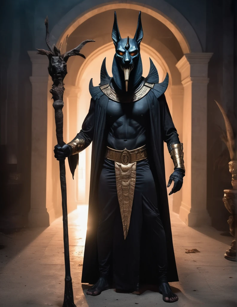 a man dressed as realistic zumbi Anubis halloween costume design, intimidating scary psychopathic man, anubis mask, dark energy, black costume, holding a staff, full body highly detailed, cinematic lighting, dramatic atmosphere party entrance, photorealistic, 8K, masterpiece